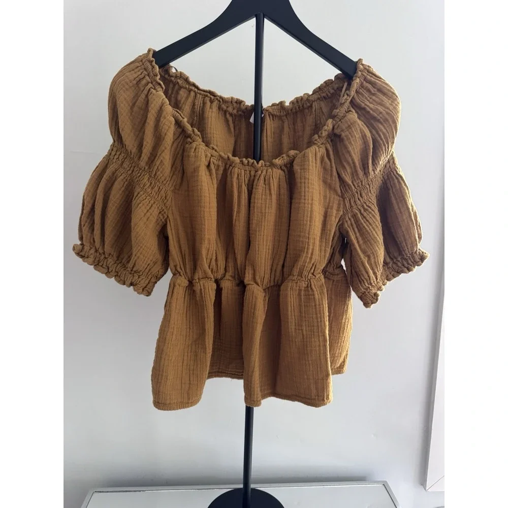 Old Navy 100% Cotton Gauze Peasant Top Gold Mustard Off Shoulder Boho L